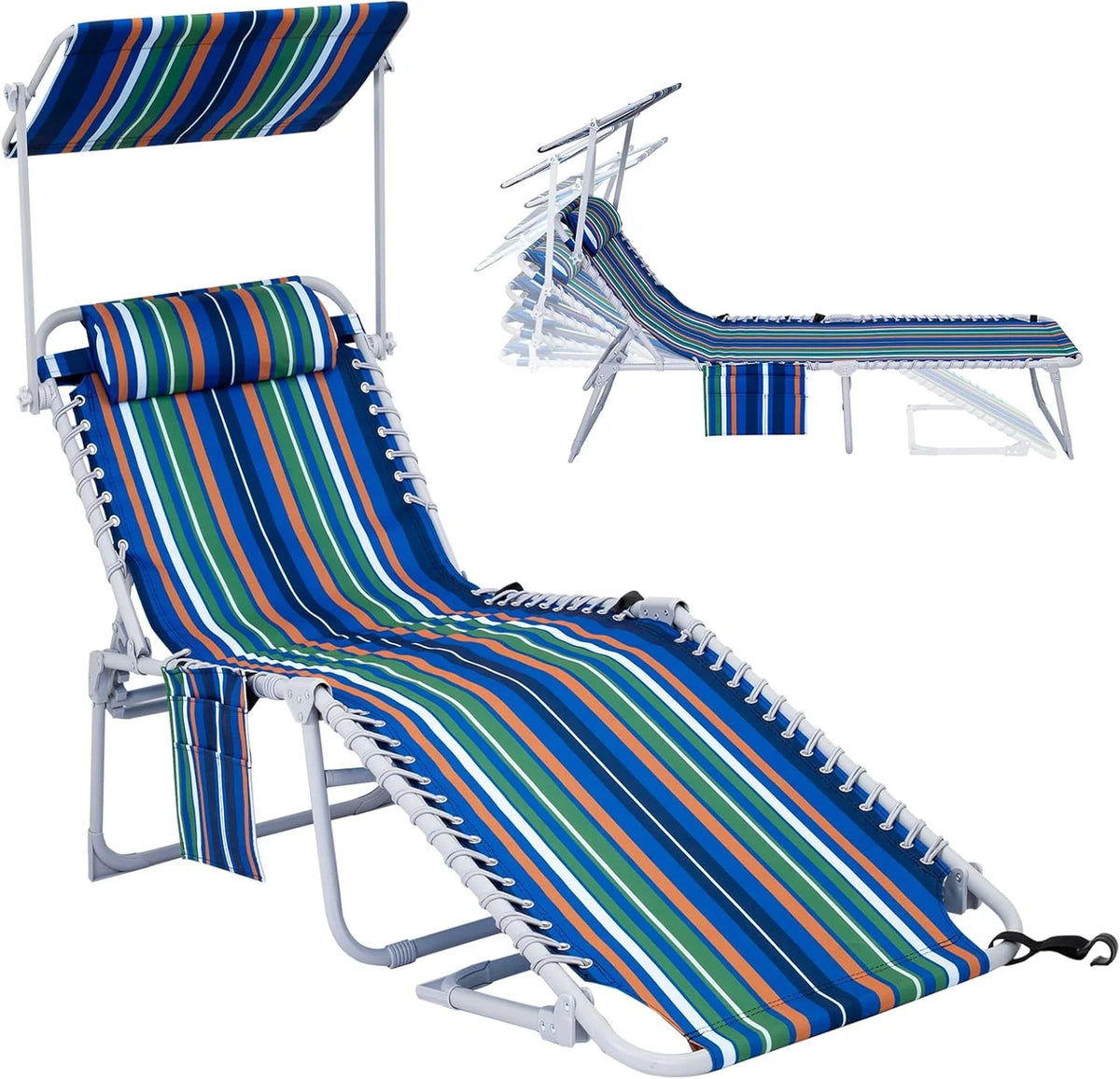 2 Pack Outdoor Chaise Lounge Chair - Portable Folding Patio Pool Lounge Chair, 5 Positions Adjustable Reclining Camping Chair with Side Table,Shoulder Strap, Pillow for Beach Sunbathing Lawn