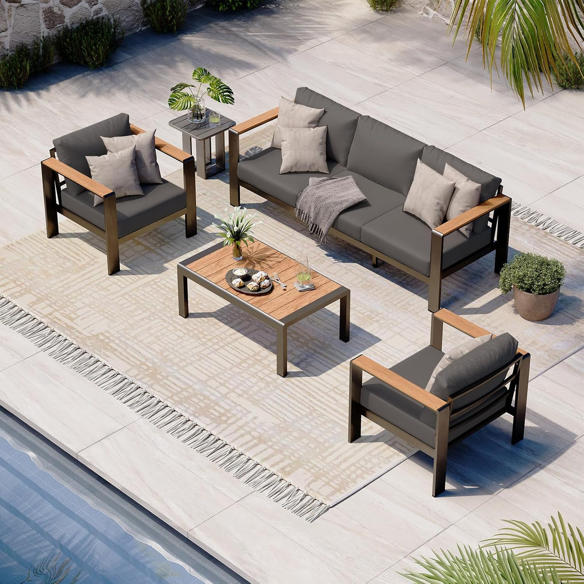 Aluminum Outdoor Patio Furniture Set with Coffee Table, 4 Piece Patio Conversation Sets with Washable Thick Cushions