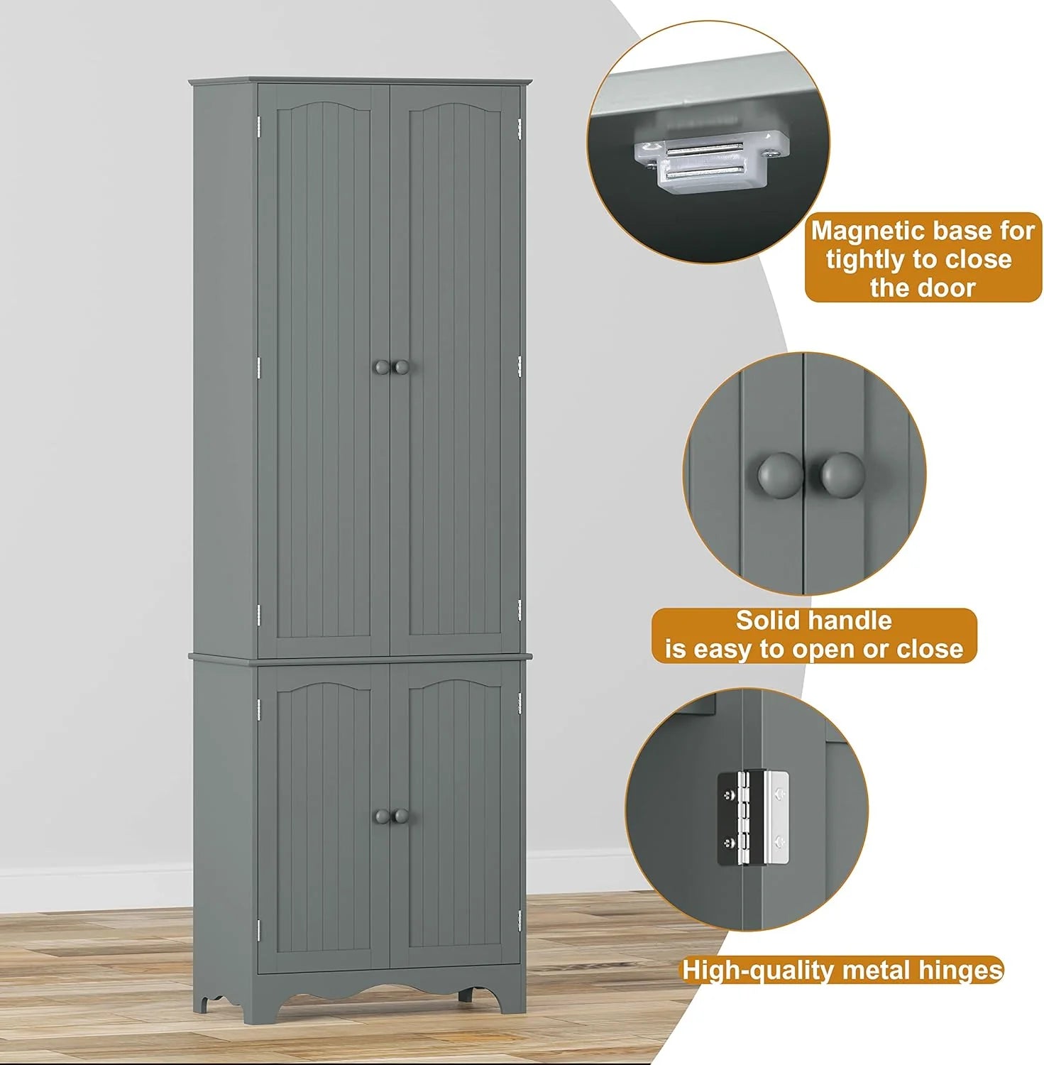 Tall Pantry Cabinet, Freestanding Storage Cabinet, Wooden Kitchen Pantry with 4 Doors and 5 Shelves, 72" Floor Cabinet Organizer