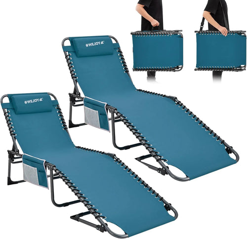 2 Pack Outdoor Chaise Lounge Chair - Portable Folding Patio Pool Lounge Chair, 5 Positions Adjustable Reclining Camping Chair with Side Table,Shoulder Strap, Pillow for Beach Sunbathing Lawn