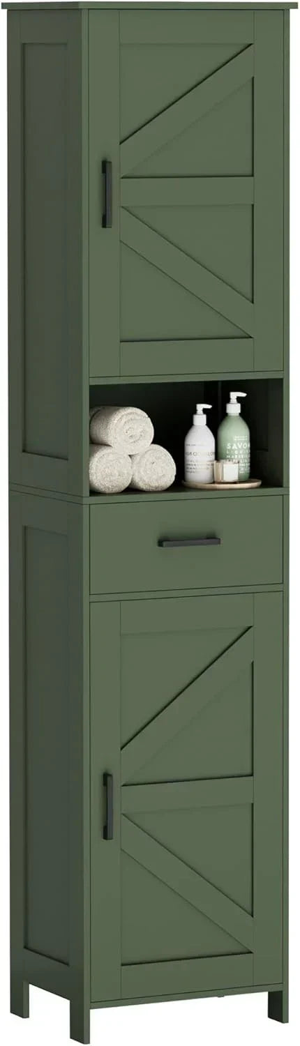 Homhedy 67" H Tall Bathroom Storage Cabinet with 2 Barn Doors and 1 Drawer Narrow Storage Unit